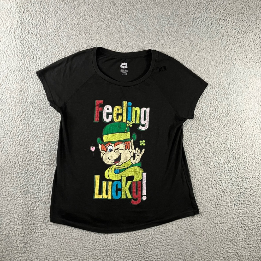 Lucky Charms T-Shirt Womens XL Black Feeling Lucky Leprechaun Graphic Distressed